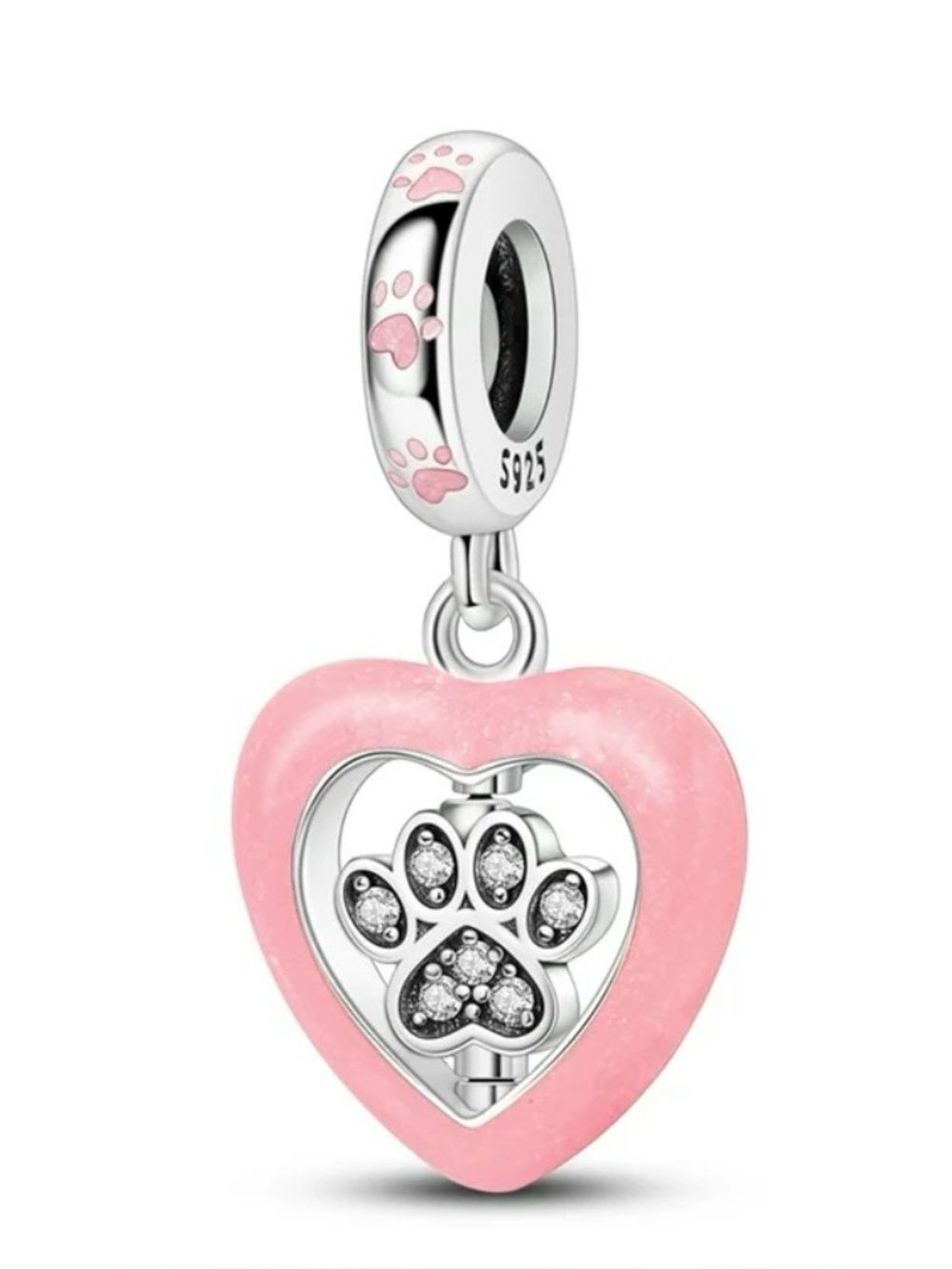 925 Pink Heart Paw Print Dangle Charm Rotating Paw Dog Cat